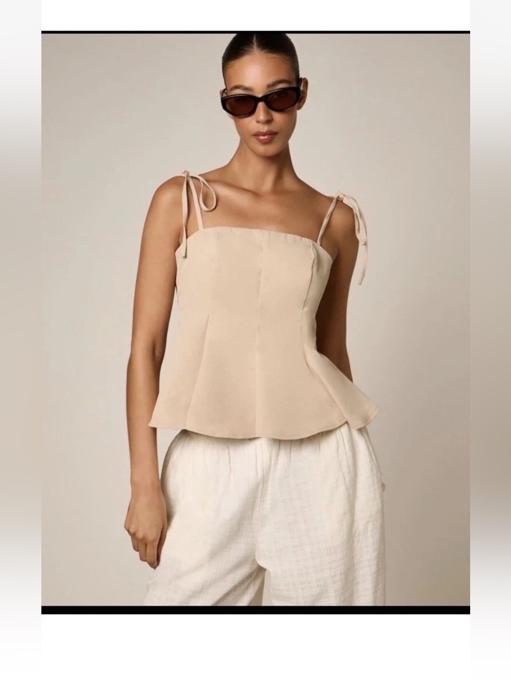 Tie-Shoulder Peplum in Beige Cami Top Square Neckline Tie Shoulder Straps Large